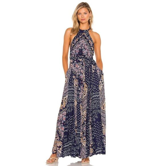 Free People Summer Soiree Navy Printed Halter Jumpsuit - Picture 1 of 8